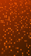 Orange glowing letters and numbers matrix abstract background, vertical composition. Technology background.