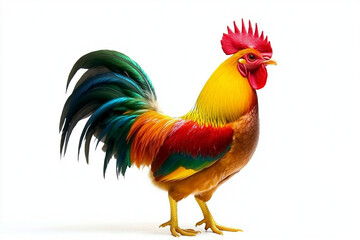 Fototapeta premium Colorful chicken standing proudly on two legs, showcasing vibrant feathers