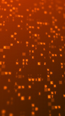 Orange glowing letters and numbers matrix abstract background, vertical composition. Technology background.