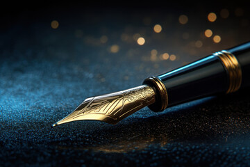 Elegant fountain pen with a gold nib resting on a sparkling surface, capturing the essence of timeless writing and sophistication under soft light.