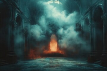 Fototapeta premium abstract renaissance hall filled with dark gothic elements illuminated by soft light and swirling smoke creating a mysterious and atmospheric space reminiscent of a bygone era