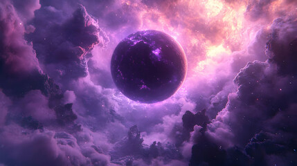 Purple Planet in Cosmic Clouds 3D Illustration