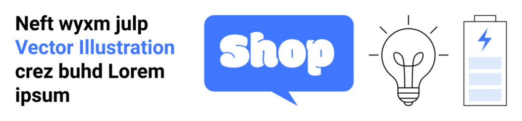 Text Shop button light bulb icon and battery symbol on a clean layout. Ideal for online shopping ecommerce energy innovation and marketing concepts. Banner for landing page
