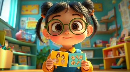 Animated 3D cartoon character using vibrant flashcards and visual aids to teach an engaging language lesson for children in a fun educational classroom scene