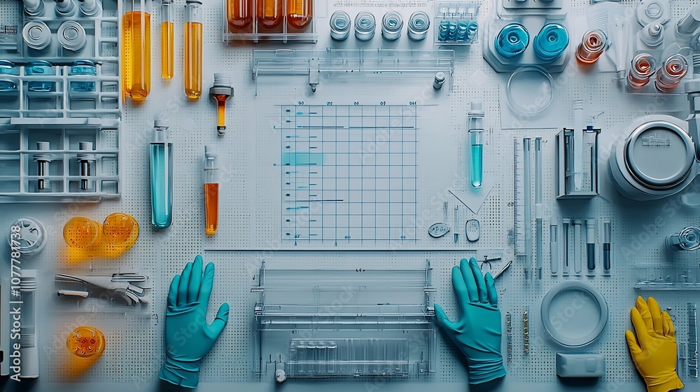 Wall mural captivating science experiment setup with test tubes safety gloves and lab goggles arranged on a lig