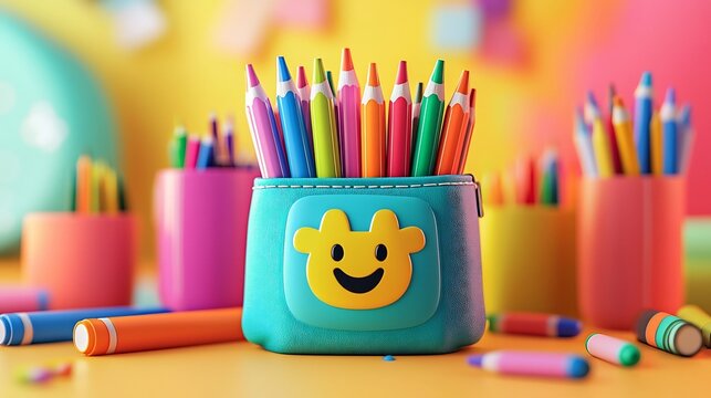 Captivating 3D animation showcasing a vibrant pencil case filled with a diverse array of colorful crayons pens and markers