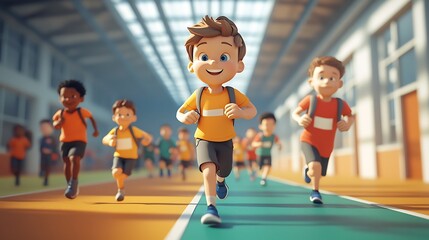 Cheerful 3D animated scene of students participating in various games and physical education activities during a fun sports day event highlighting the joy of an active and healthy school lifestyle