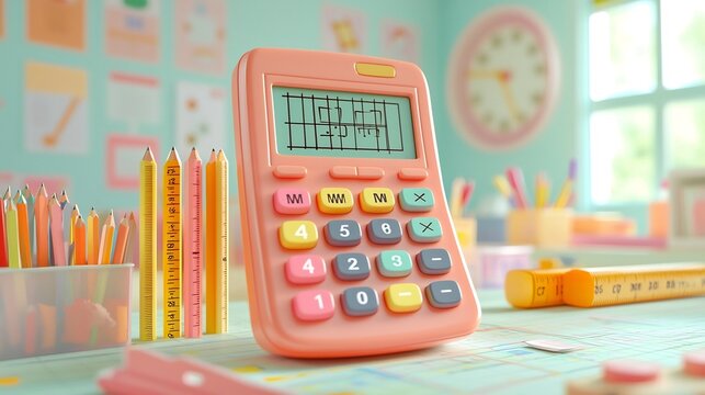 Charming 3D Depicting a Calculator Surrounded by Various Math Tools Like Rulers and Protractors Set Against a Serene Light Colored Classroom Background - Powered by Adobe