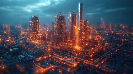 Fototapeta premium Futuristic cityscape illuminated with glowing structures at dusk.