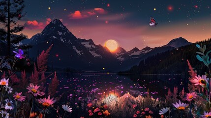 Mountain Lake with Moon and Butterflies