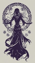 A Silhouetted Woman with Long Flowing Hair and a Floral Crown Surrounded by a Circular Design