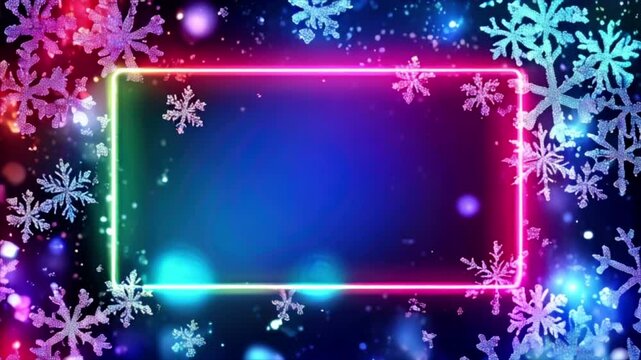 Colourful Christmas neon frame with snowflakes, copy space for text. Festive winter New Year holiday season background