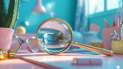 Whimsical 3D animation showcasing cartoon characters using a magnifying glass to curiously explore objects on a school desk