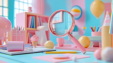 Whimsical 3D animation featuring cartoon characters using a magnifying glass to curiously explore various objects on their school desk