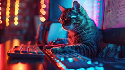 Cat Gamer with Glasses and Keyboard