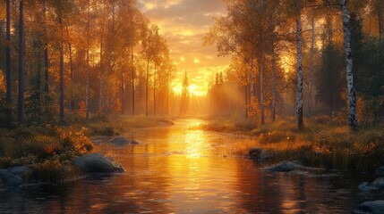 Obraz premium Serene autumn landscape with a river reflecting a sunset.