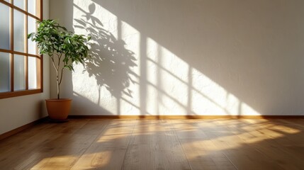 Obraz premium 質感のある白い漆喰壁と鉢植えの植物を備えたミニマルな日本のインテリア