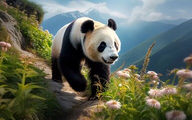 Obraz premium A giant panda walking through a vibrant landscape of flowers and mountains.