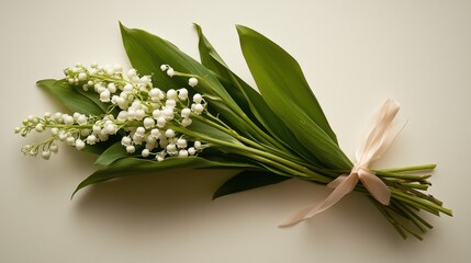 Obraz premium フランスのメーデーのお祝いのためのスズランのミニマリストなフラットレイ