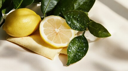 明るい背景に新鮮なレモンとクレープを添えたフランスのシャンデレールのミニマリストなフラットレイ