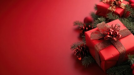 Red Christmas Gifts with Pine Branches on Red Background