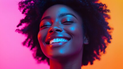 Fototapeta premium Close up portrait of a person s face their expression filled with joy satisfaction and a sense of achievement The soft colors in the background complement their positive and radiant demeanor