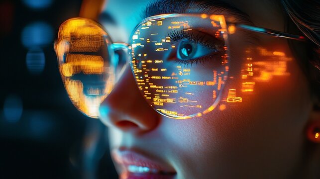 Close up of a happy enthusiastic person s face participating in a video call with the digital screen reflecting the conversation and virtual interaction