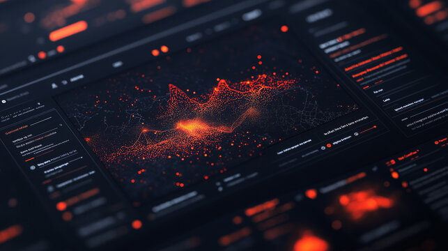 Futuristic Data Visualization Dashboard – Abstract Dark UI with Glowing Red Analytics