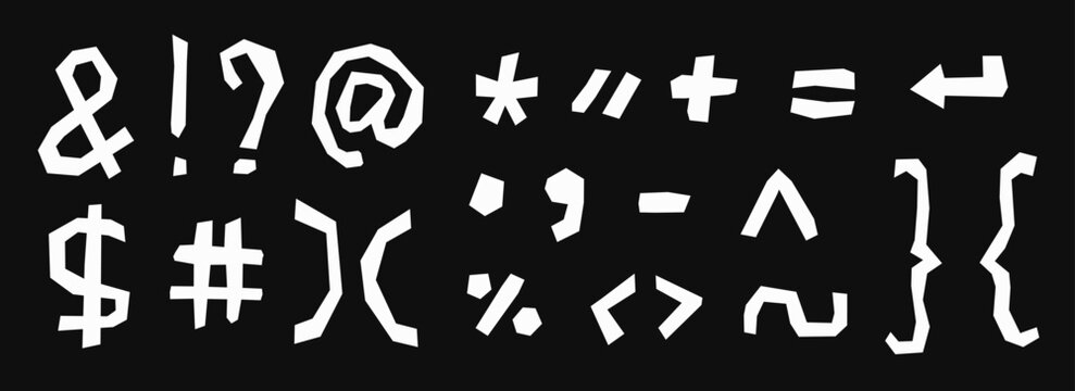 Paper cut out characters and signs collection. Punctuation mark collage set. Kid cut symbols, brackets, elements bundle for decoration, poster, banner, print. Ransom style pack. Vector