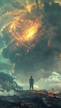 Man Facing the Apocalyptic Fire: A Surreal Artwork