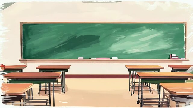 painting style seamless 4K looping video offers perfect back to school education themed background chalk blackboard class learning study desk student teacher studying table lesson chair room