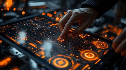 Close up view of a person taking notes on a digital tablet surrounded by communication symbols and icons showcasing the of technology in collaborative work and productivity