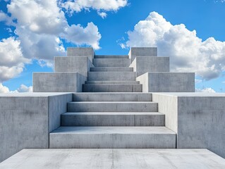 A set of modern concrete steps leads upwards against a bright blue sky filled with fluffy clouds, symbolizing progression and achievement, Ideal for concepts of ambition, growth, and ascension,