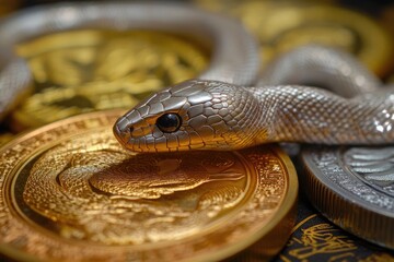 Obraz premium A Silver Snake Coiled Around Gold Coins