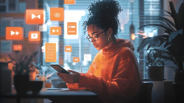 Person using a smartphone to access various digital communication tools like chat and video apps while working from a coffee shop representing the modern