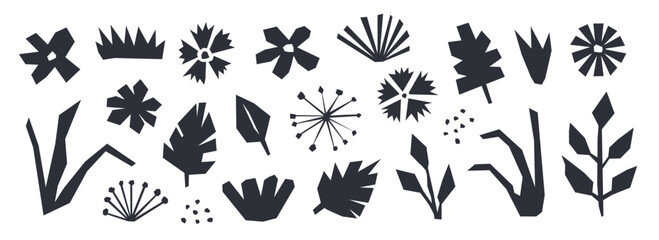 Cut out organic paper elements collection. Black abstract floral collage shape set. Nursery plants, flowers, leaves bundle for decoration, poster, banner, print. Children illustration pack. Vector