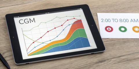 An overhead shot of a CGM dashboard on a tablet featuring a colorful line graph segmented by different colors indicating various glucose level zones with a timestamp showing the