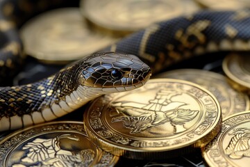 A Black Snake with a Golden Eye Coiling on Gold Coins