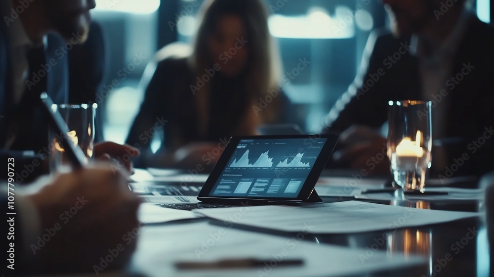 Poster a group of business professionals are gathered around a table, reviewing data on a tablet and discus