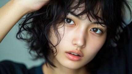 Fototapeta premium スタジオで髪の毛を気にする日本人女性
