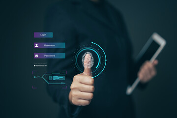Businessman scans fingerprint to access banking app. Concept of setting up cyber security protection system. Protection of financial transaction data..