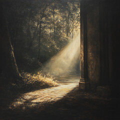 朝日のさす森の中