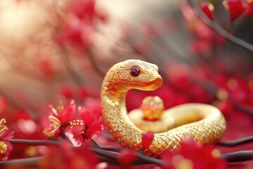 Fototapeta premium Golden Snake Ornament Resting on Red Blossoms