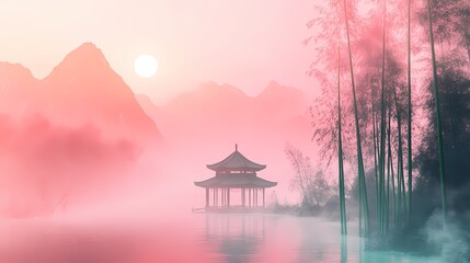 Fototapeta premium Traditional mountain courtyard landscape illustration poster background 