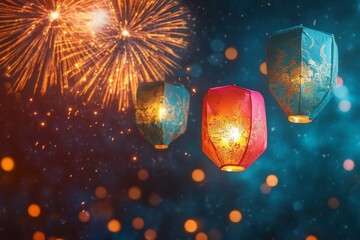 Obraz premium Three glowing lanterns against a backdrop of fireworks and bokeh lights.
