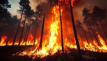 Forest engulfed in flames during a wildfire, showcasing nature's destruction.