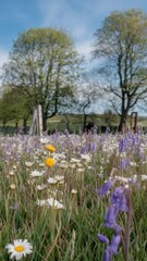 Colorful Spring Wildflowers with Trees and Clear Sky Background