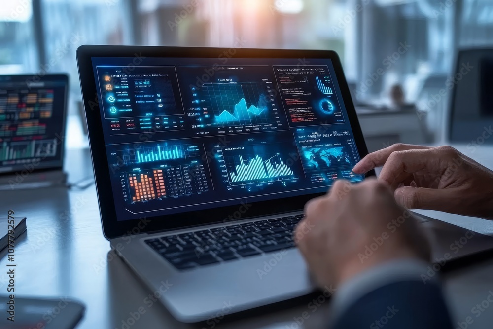 Poster Businessman analyzing financial data on a laptop with various graphs and charts displayed on the screen.