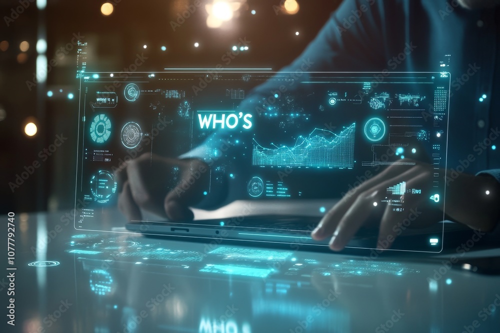 Aufkleber person using a laptop with a futuristic interface showing 