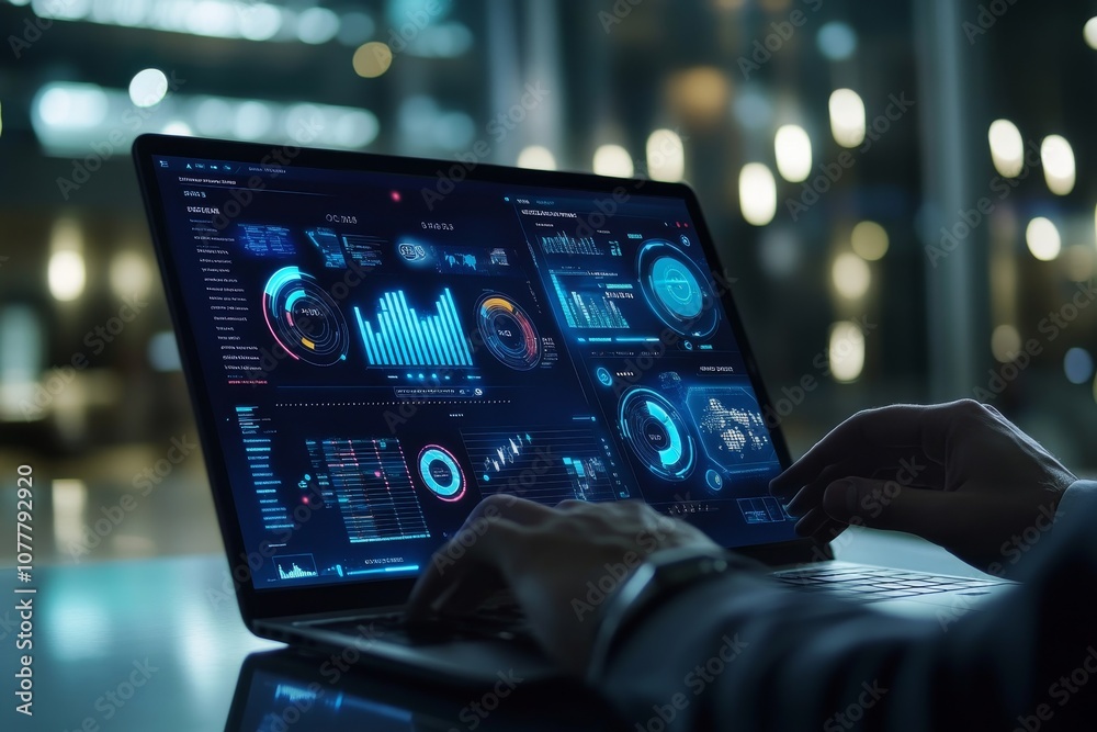 Aufkleber Close-up of hands typing on laptop with glowing data visualization on screen.